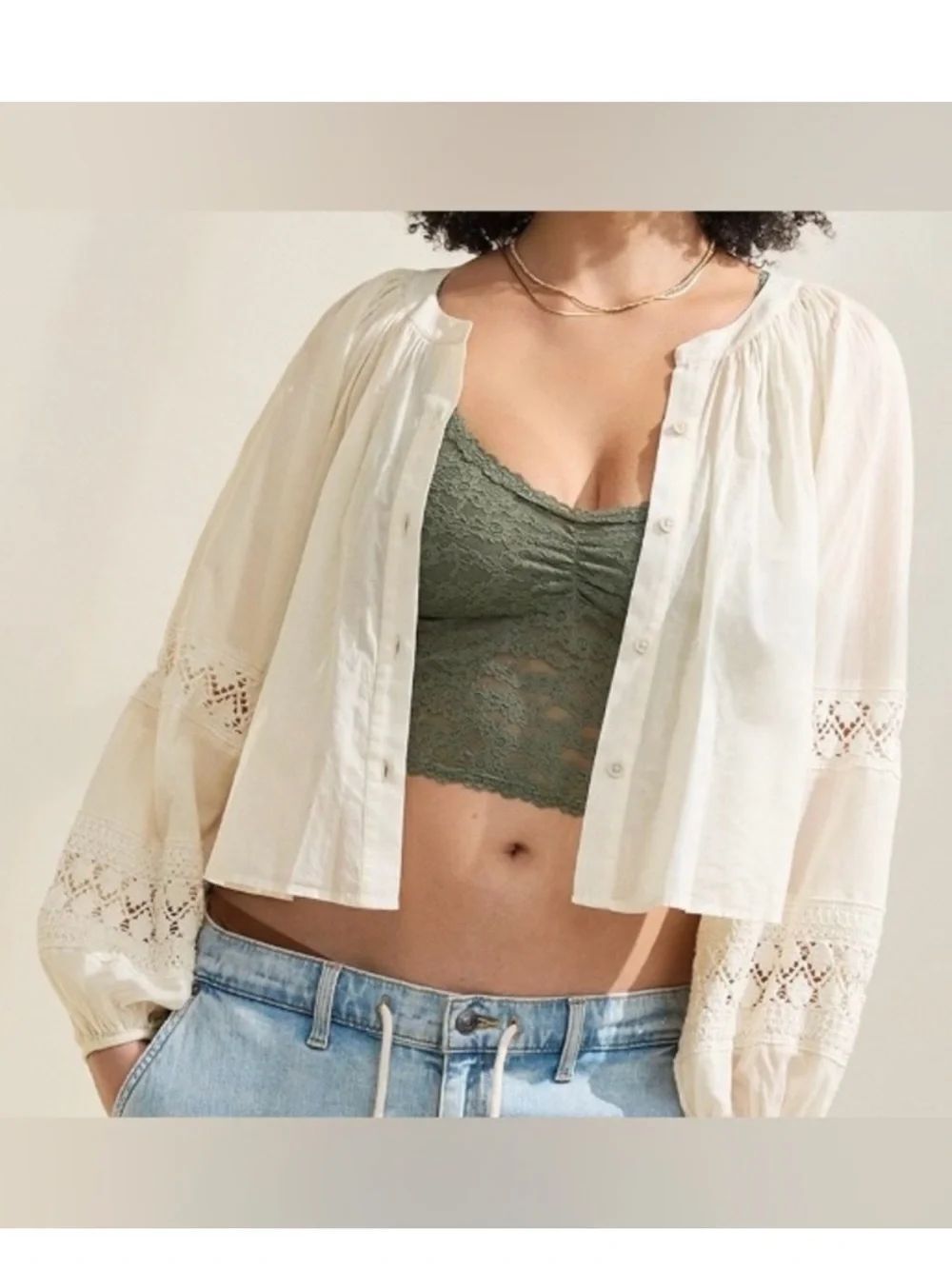 NWT New AERIE AMERICAN EAGLE Cream Crochet Button Front Gauzy Peasant Top M